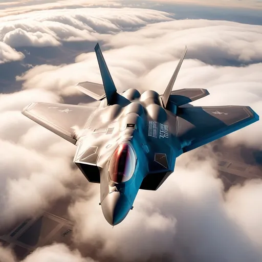 Prompt: F-22 Raptor  flying in the clouds words written on the   wings  " USAF for  TRUMP"