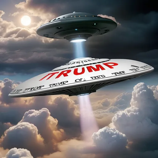 Prompt: UFO flying in the clouds words written on the outside "TRUMP"