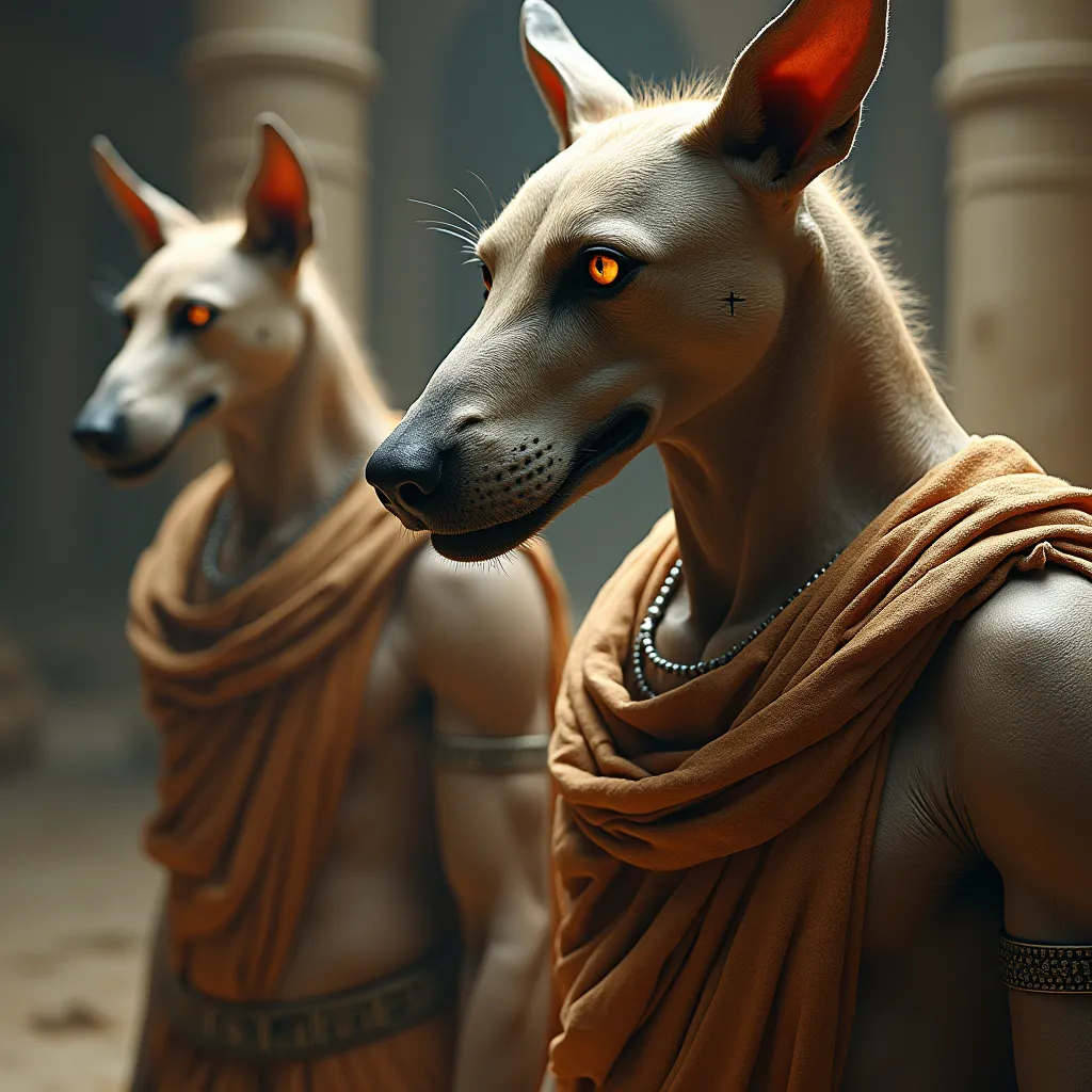 Prompt: canine human hybrid heads, (dangerous humanoid creatures), very short snout, short ears, perfectly human bodies, bipedal and upright, defined human characteristics, intense gazes, muscular form, dressed in ancient egyptian clothing, illustrated in a surreal style, dramatic lighting, high contrast shadows creating tension, detailed background with a hint of a dystopian landscape, ultra-detailed, high-quality, immersive imagery.