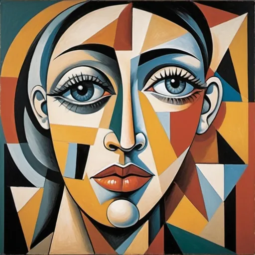 Prompt: Cubist art, developed in the early 20th century by artists like Pablo Picasso and Georges Braque, is characterized by its fragmented, abstract approach to depicting subjects. Instead of portraying objects from a single viewpoint, Cubism breaks them down into geometric shapes and presents multiple perspectives simultaneously. This style emphasizes the two-dimensionality of the canvas and often features a complex interplay of forms and colors, challenging traditional notions of perspective and representation. The result is a fragmented, yet cohesive, depiction of reality that invites viewers to see subjects in new and unconventional ways.
Create an image based on this information and focus on eye pupils placement, make it weird but artistic