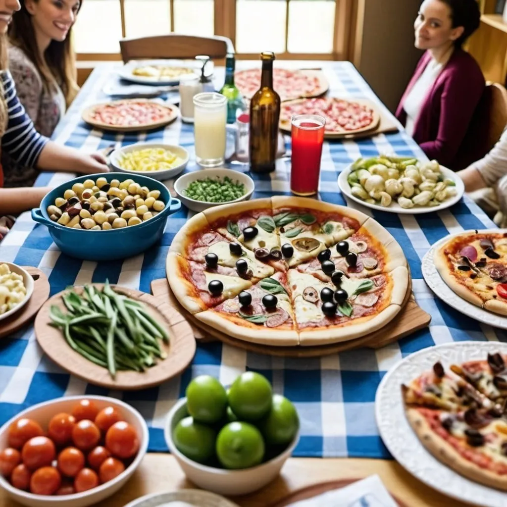 Prompt: A potluck table with pizza, sides and drinks. Table has blue and white tablecloth. In the background show some bookshelves with books