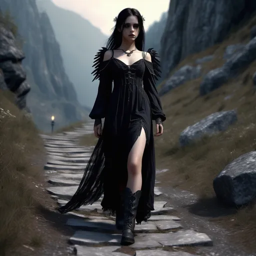 Prompt: Young gothic angel walking down  mountain path, detailed clothing, long dress, boots realistic, mystic lighting.