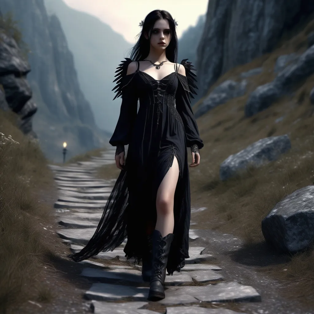 Prompt: Young gothic angel walking down  mountain path, detailed clothing, long dress, boots realistic, mystic lighting.