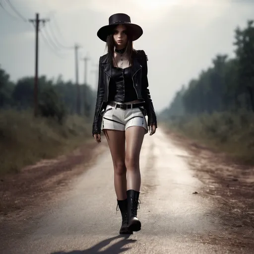 Prompt: Young brunette gothic woman walking down the low road, detailed clothing, white leather shorts, sun hat, work boots, realistic, mystic lighting