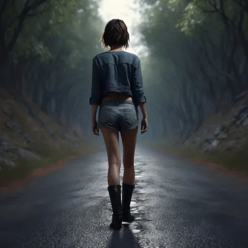 Prompt: Short young woman walking down the low road, detailed clothing, realistic, mystic lighting