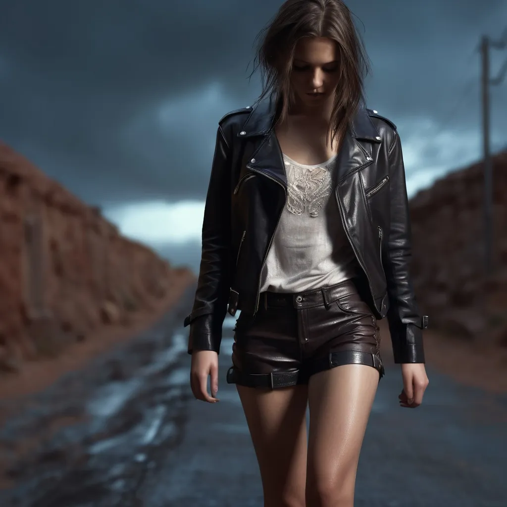 Prompt: Young woman walking down the low road, detailed clothing, leather shorts, realistic, mystic lighting