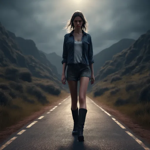 Prompt: Tall young woman walking down the low road, detailed clothing, realistic, mystic lighting