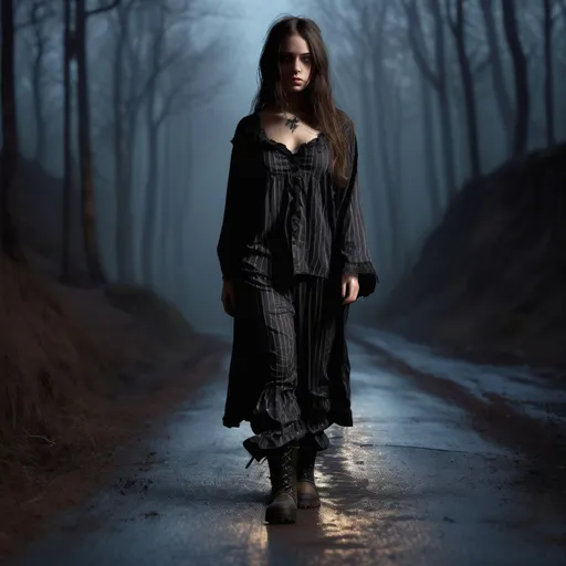 Prompt: Young brunette gothic woman walking down the low road, detailed clothing, pyjamas, work boots, realistic, mystic lighting