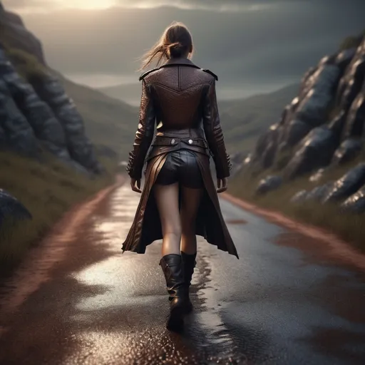 Prompt: Young woman walking a cocroach down the low road, detailed leather clothing, realistic, mystic lighting