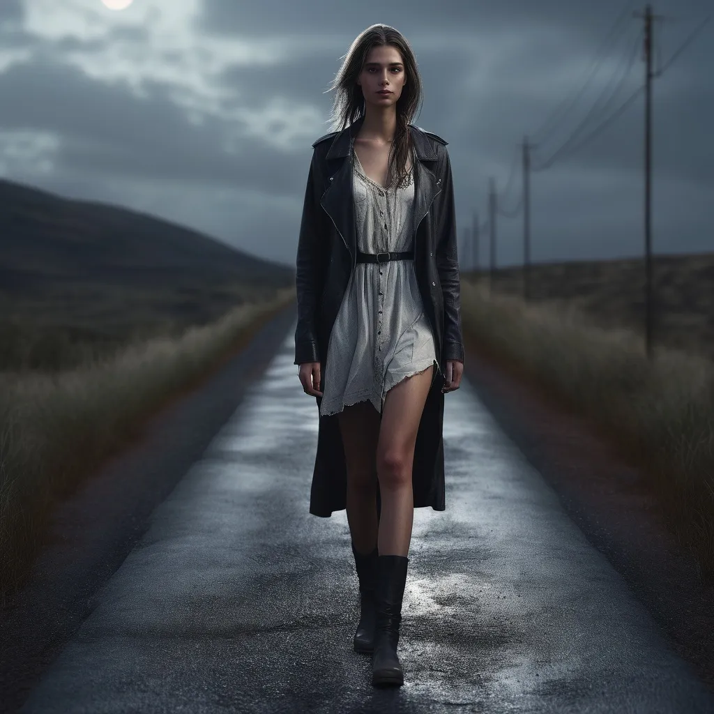 Prompt: Tall young woman walking down the low road, detailed clothing, realistic, mystic lighting