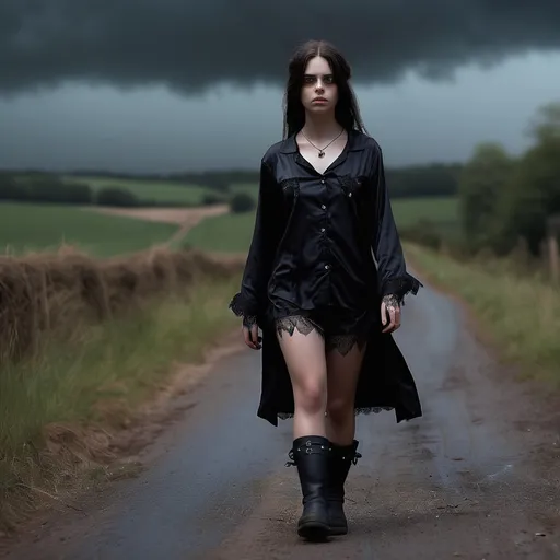 Prompt: Young brunette gothic woman walking down the country road, detailed clothing, short ref pyjamas, work boots, realistic, mystic lighting.