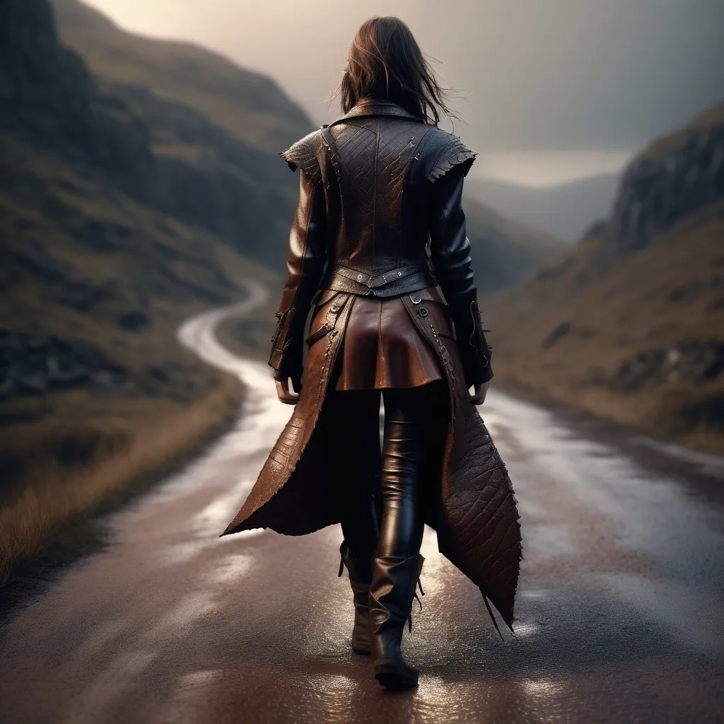 Prompt: Young woman walking a cocroach down the low road, detailed leather clothing, realistic, mystic lighting