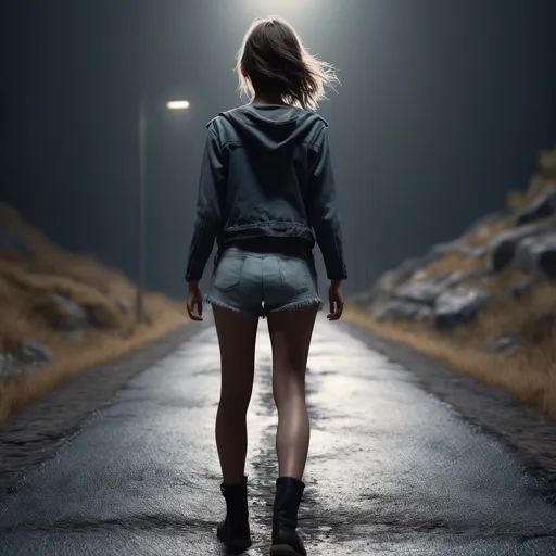 Prompt: Short young woman walking up the low road, detailed clothing, realistic, mystic lighting