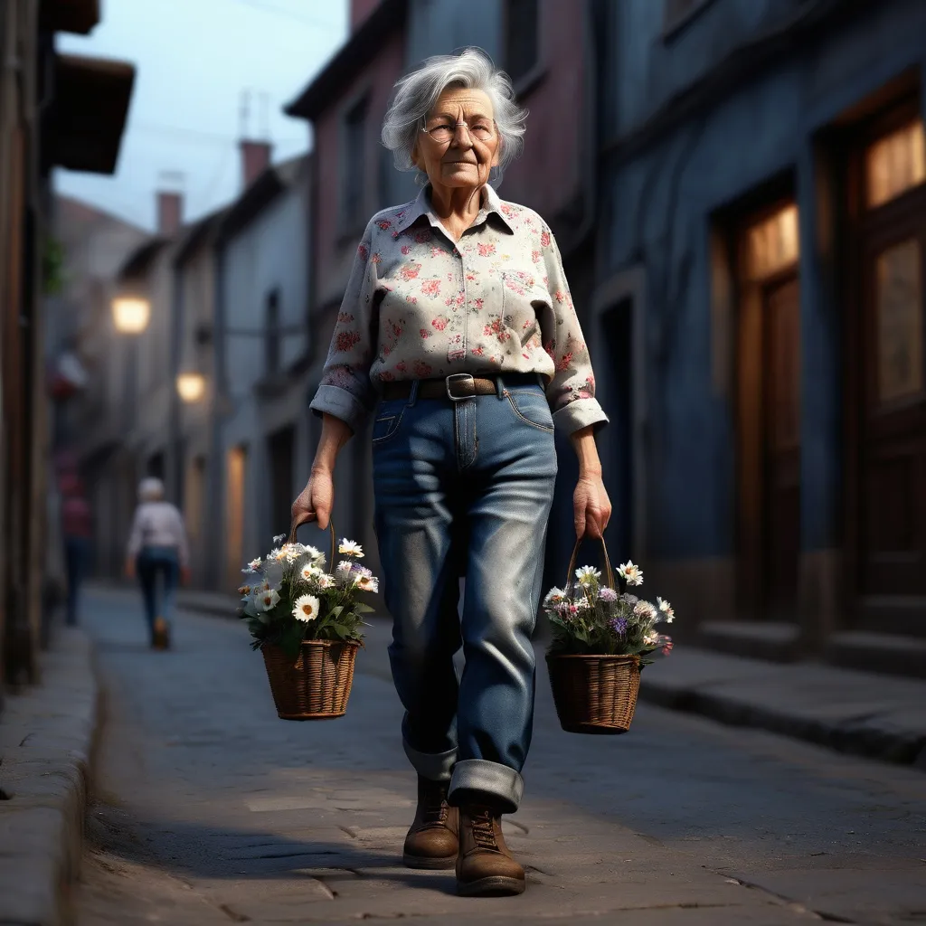 Prompt: Short old woman walking up the low street, detailed clothing, shirt with flowers, jeans, work boots, realistic, mystic lighting