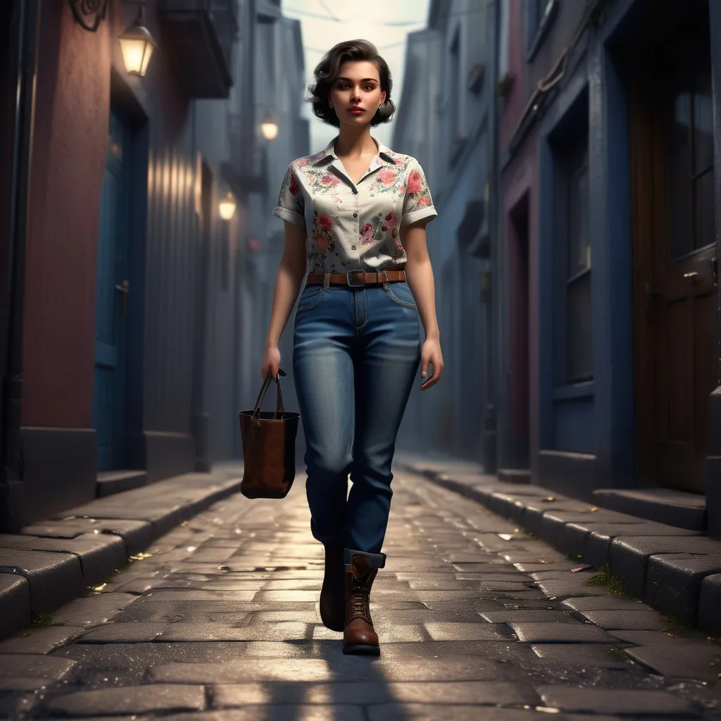 Prompt: Short woman in 50s walking up the low street, detailed clothing, shirt with flowers, jeans, work boots, realistic, mystic lighting