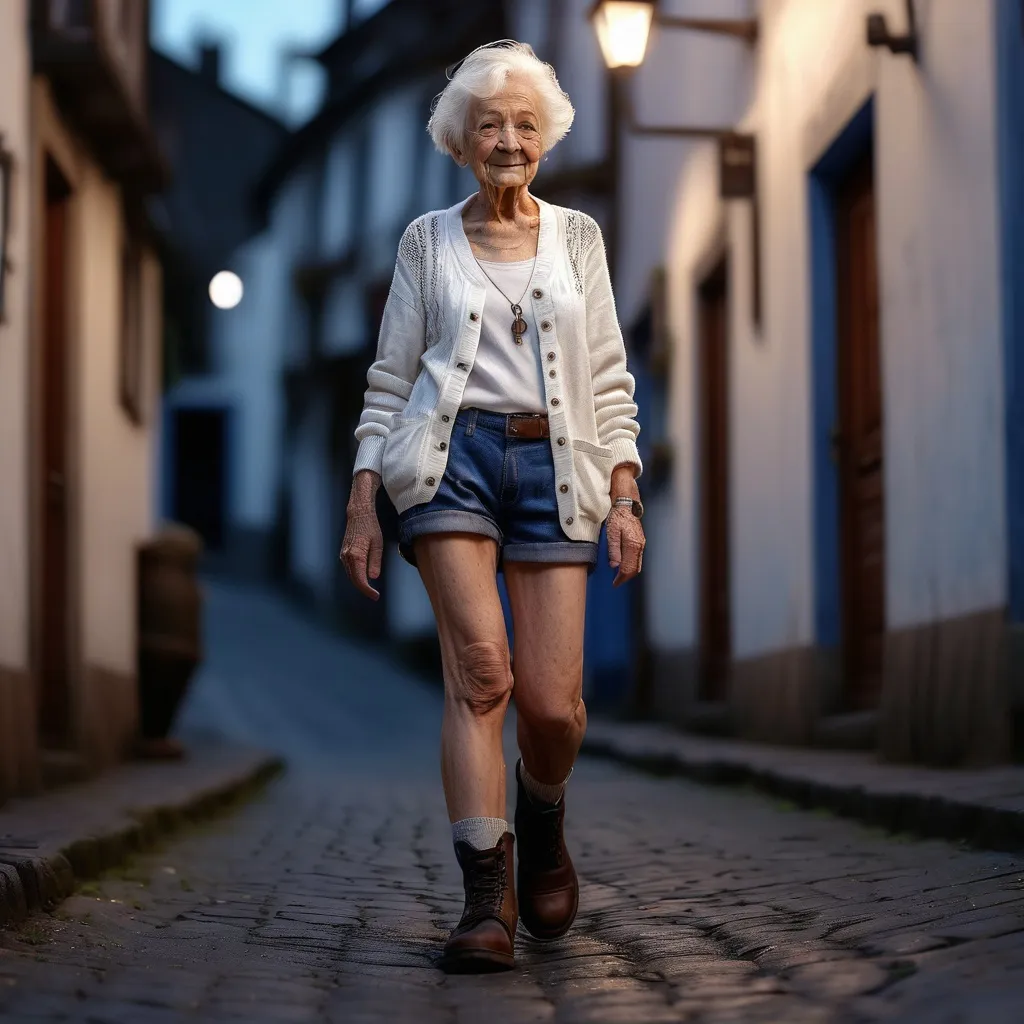 Prompt: Short 90 years old young woman walking up the low street, detailed clothing, white cardigan, indigo jeans shorts, work boots, realistic, mystic lighting.