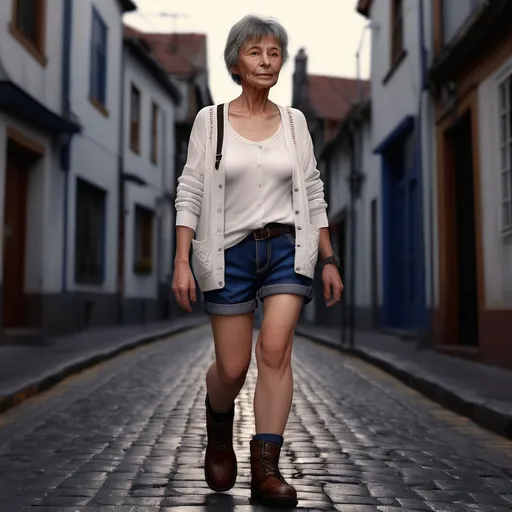 Prompt: Short 70 years old young woman walking up the low street, detailed clothing, white cardigan, indigo jeans shorts, work boots, realistic, mystic lighting.