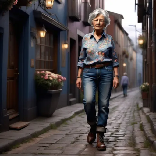 Prompt: Short woman in her 80s walking up the low street, detailed clothing, shirt with flowers, jeans, work boots, realistic, mystic lighting