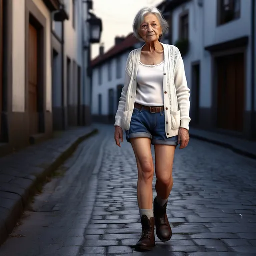 Prompt: Short 80 years old young woman walking up the low street, detailed clothing, white cardigan, indigo jeans shorts, work boots, realistic, mystic lighting.