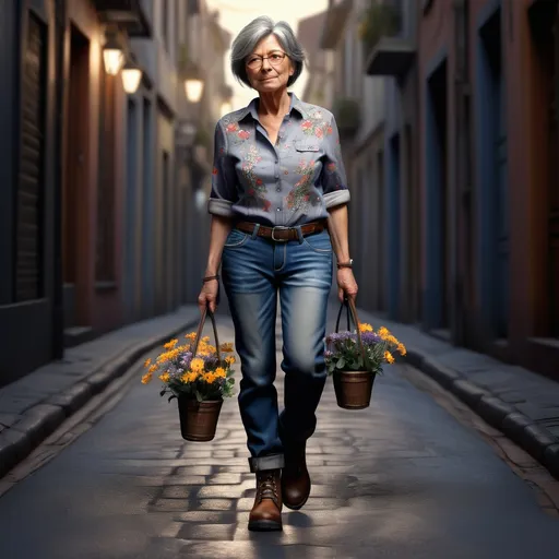 Prompt: Short woman in her 60s walking up the low street, detailed clothing, shirt with flowers, jeans, work boots, realistic, mystic lighting