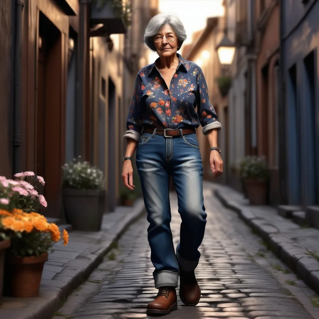 Prompt: Short woman in her 70s walking up the low street, detailed clothing, shirt with flowers, jeans, work boots, realistic, mystic lighting