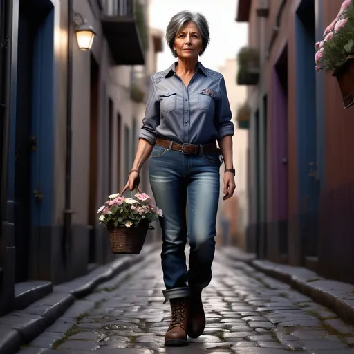 Prompt: Short woman in her 50s walking up the low street, detailed clothing, shirt with flowers, jeans, work boots, realistic, mystic lighting