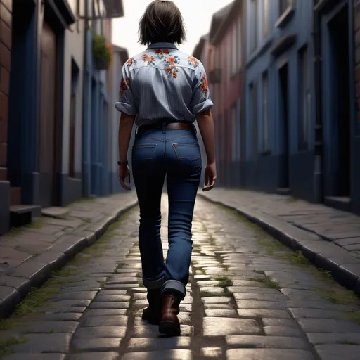 Prompt: Short above midaged woman walking up the low street, detailed clothing, shirt with flowers, jeans, work boots, realistic, mystic lighting