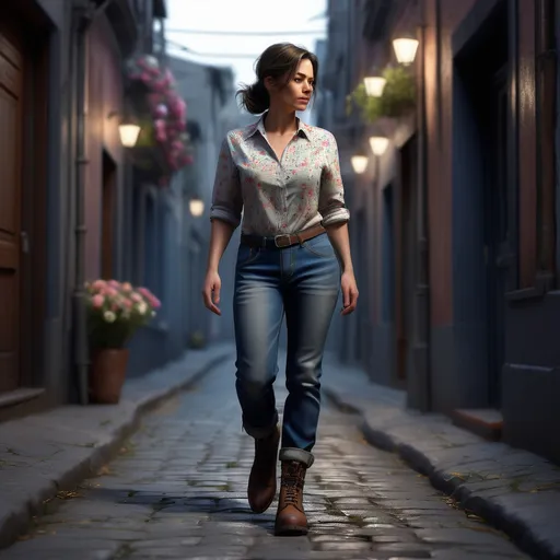 Prompt: Short woman in 40s walking up the low street, detailed clothing, shirt with flowers, jeans, work boots, realistic, mystic lighting