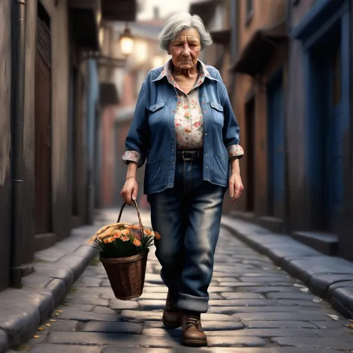 Prompt: Short very old woman walking up the low street, detailed clothing, shirt with flowers, jeans, work boots, realistic, mystic lighting