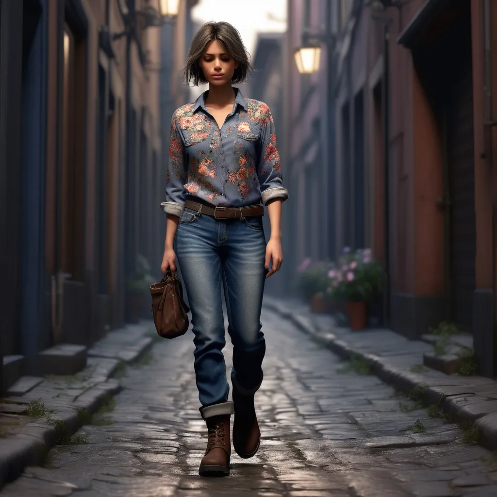 Prompt: Short midaged woman walking up the low street, detailed clothing, shirt with flowers, jeans, work boots, realistic, mystic lighting