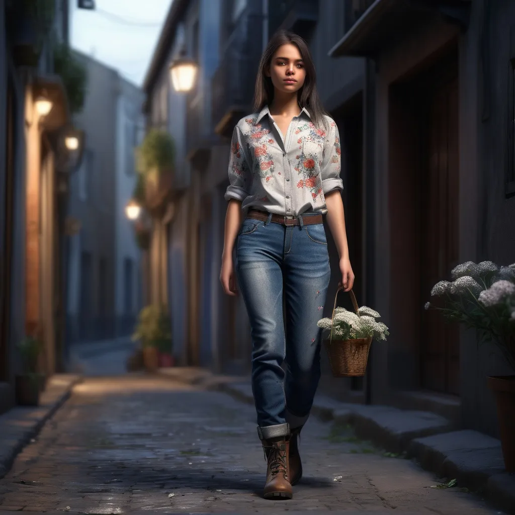 Prompt: Short young woman walking up the low street, detailed clothing, shirt with flowers, jeans, work boots, realistic, mystic lighting