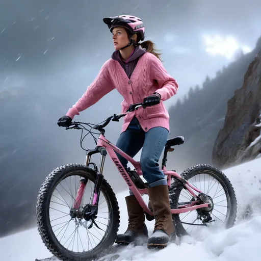 Prompt: Tall 30 years old woman riding mountain bike down a steep hill, detailed clothing, pink cardigan, jeans skirt, work boots, realistic, mystic lighting, helmet, snow storm, avalanche.