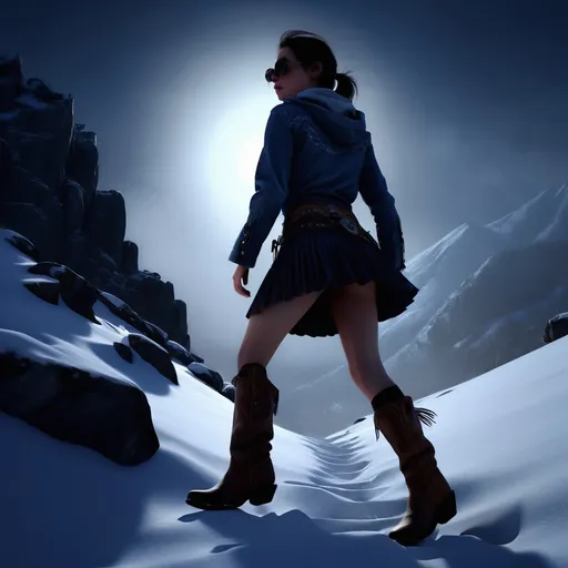 Prompt: Short beautiful woman walking up a steep mountain, snow, detailed clothing, cowboy boots, skirts, sunglasses, realistic, mystic lighting, monsters, shadows, twilight. moonlight.