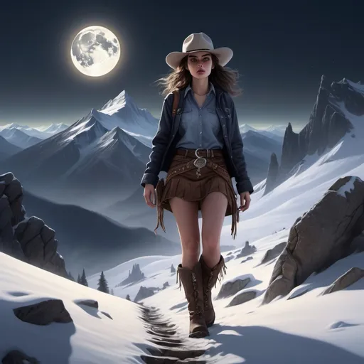 Prompt: Short woman walking up a steep mountain, snow, detailed clothing, cowboy boots, skirts, realistic, mystic lighting, monsters, no sunglasses, shadows, twilight. moonligt.