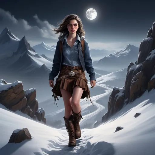 Prompt: Short woman walking up a steep mountain, snow, detailed clothing, cowboy boots, skirts, realistic, mystic lighting, monsters, no sunglasses, shadows, twilight. moonligt.