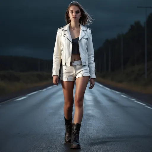 Prompt: Short young woman walking up a road, detailed clothing, white leather shorts, white leather jacket, work boots, realistic, mystic lighting