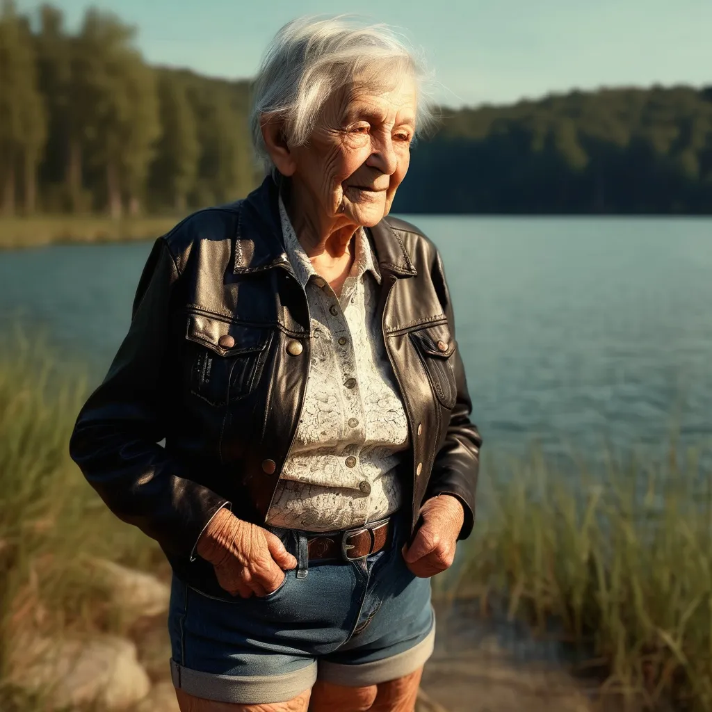 Prompt: Short 90 years old woman on a lake shore,  detailed clothing, jeans shorts, leather jacket, realistic, mystic lighting