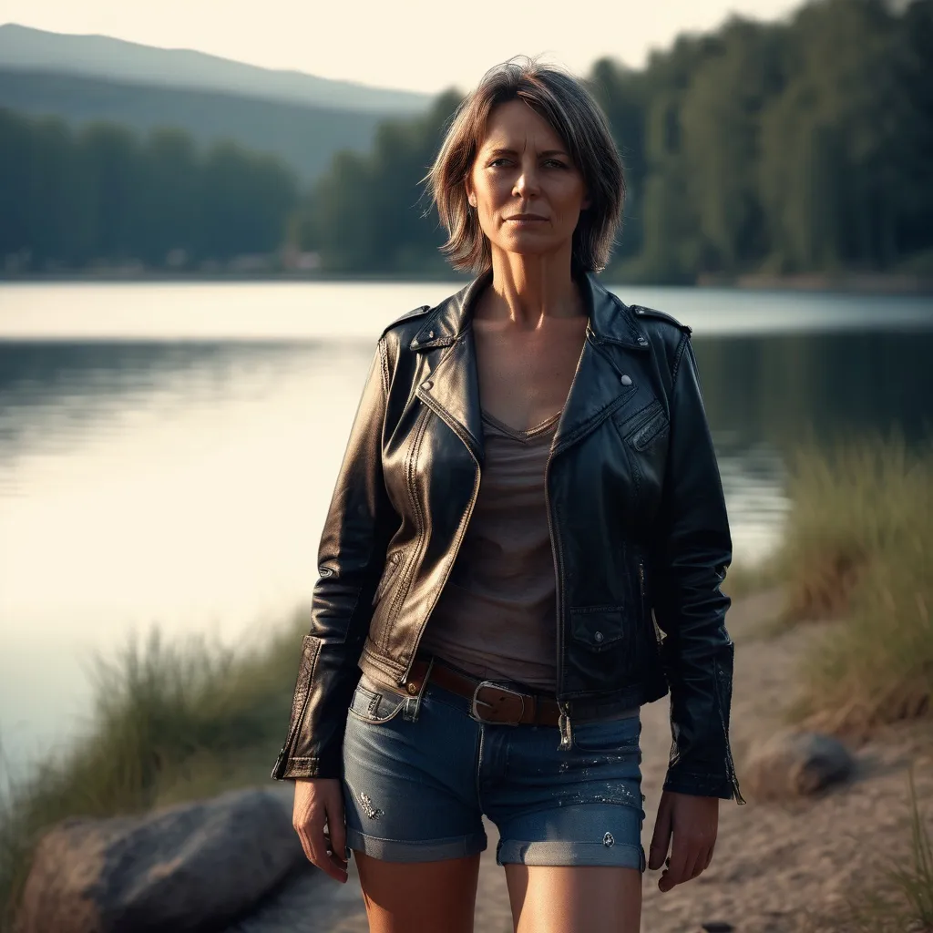 Prompt: Short 40 years old woman on a lake shore,  detailed clothing, jeans shorts, leather jacket, realistic, mystic lighting