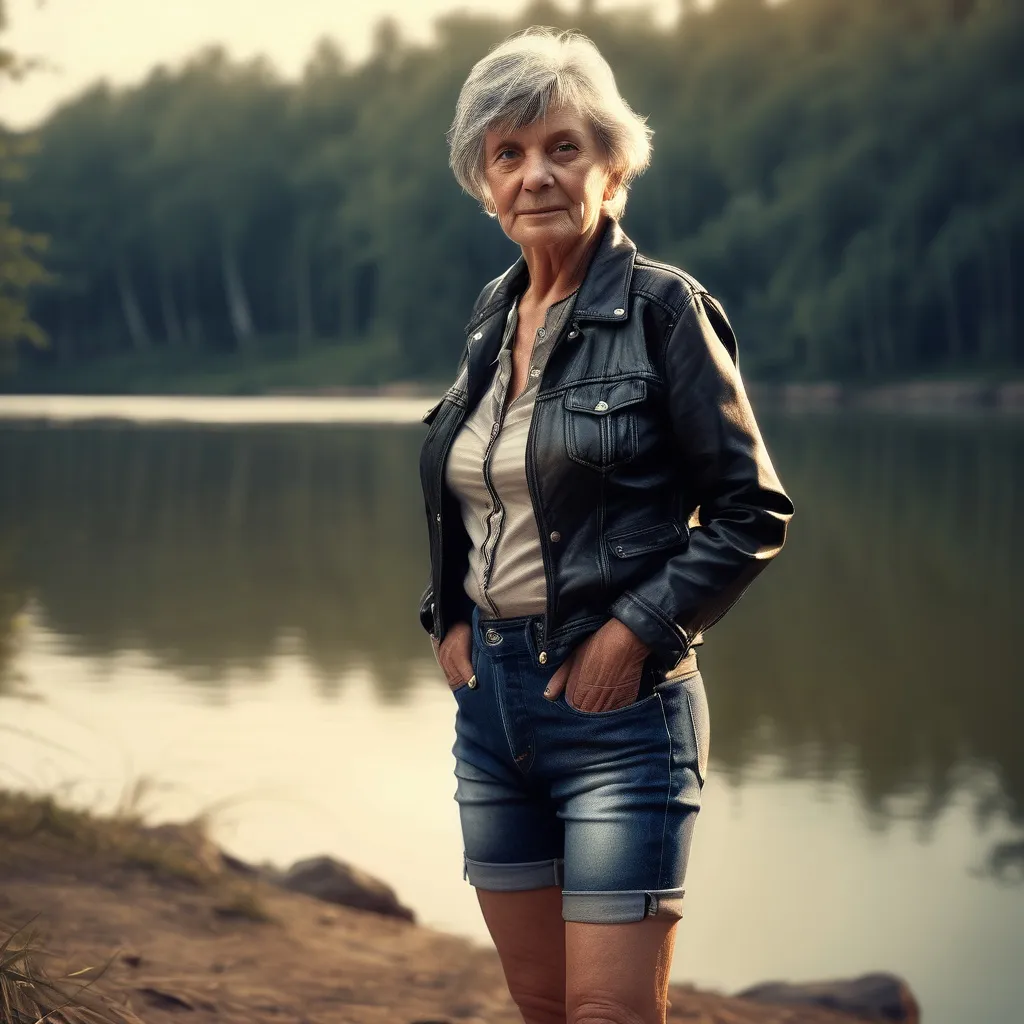 Prompt: Short 70 years old woman on a lake shore,  detailed clothing, jeans shorts, leather jacket, realistic, mystic lighting