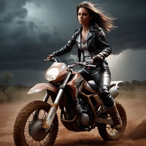 Prompt: Woman on dirtbike, detailed clothing, leather clothing, shorts, boots, realistic, mystic lighting, storm