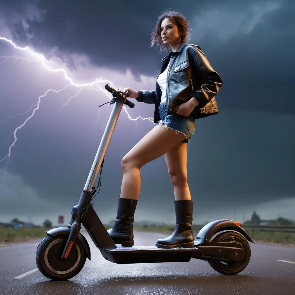 Prompt: Woman on an electric scooter detailed clothing, leather clothing, shorts, boots, realistic, mystic lighting, storm