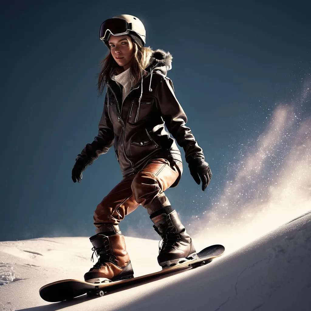 Prompt: Woman on a snowboard, detailed clothing, leather clothing, shorts, boots, realistic, mystic lighting