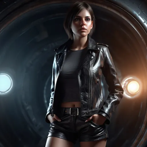 Prompt: Woman on a rocket, detailed clothing, leather clothing, shorts, realistic, mystic lighting