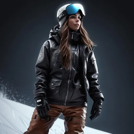 Prompt: Woman on a snowboard, detailed clothing, leather clothing, shorts, realistic, mystic lighting