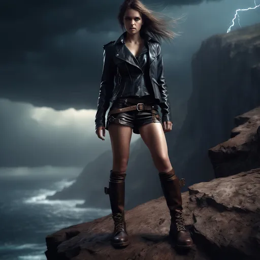 Prompt: Woman on a cliff, detailed clothing, leather clothing, shorts, boots, realistic, mystic lighting, storm