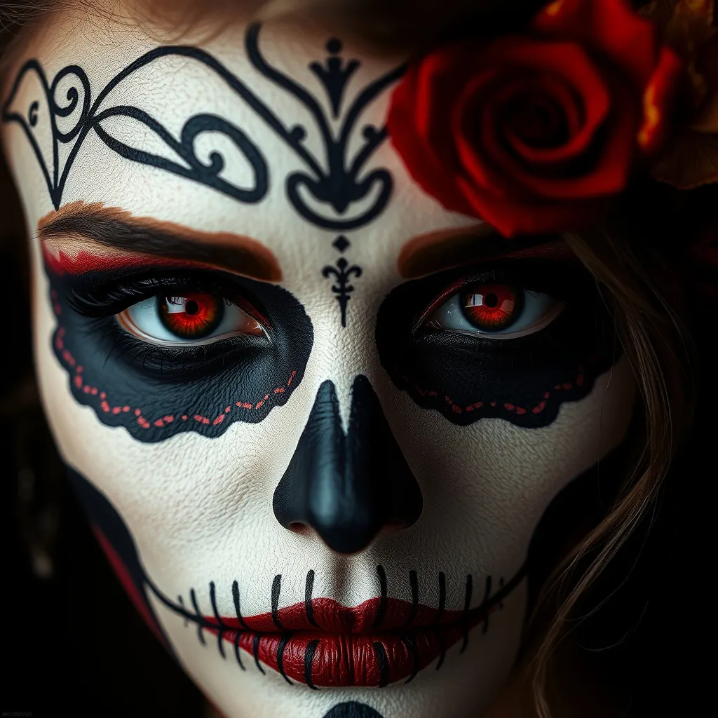 Prompt: A realistic close up photograph of a female face painted like a sugar skull. The color of her eyes is a clear dark red. The background is black.