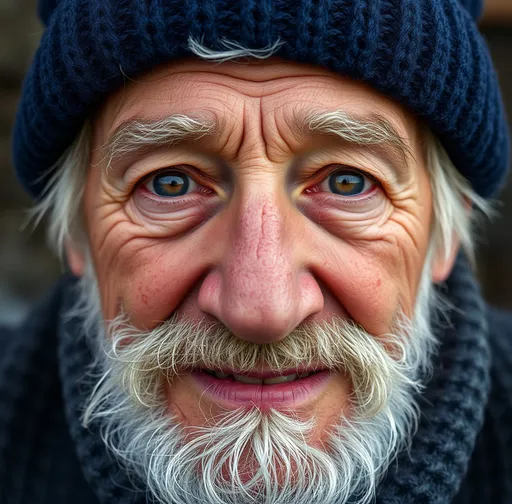 Prompt: Close up of 80 year old man, his chin shows the stubble of a grey beard, his face is weatherworn and wrinkled from decades on the sea. his eyes are a deep hazel. His wiry grey hair pokes out from under a navy blue, hand knitted stocking cap. He wears a knit Fishermans sweater. his teeth are tobacco and coffee stained, his lips cracked and worn from the salty air.