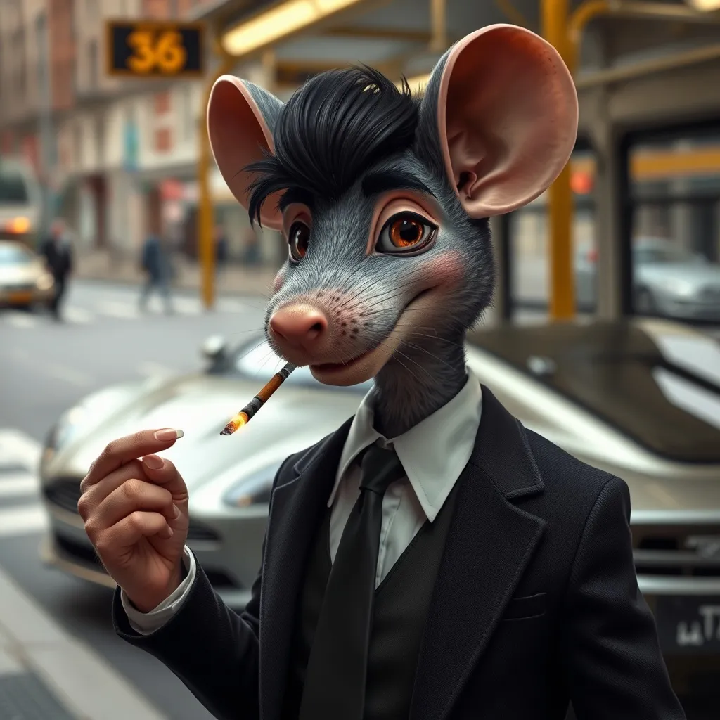 Prompt: A realistic photograph of a male mouse he has a human body. He has a slim build and is wearing a dark suit with no tie on. his dark hair on his head is slicked back, he has an adventurous smirk on his face. He has a lit cigarette between his fingers on his right hand and is standing on the sidewalk in a bus down town city next to a silver Aston Martin. He is a secret agent for M.O.U.S.E