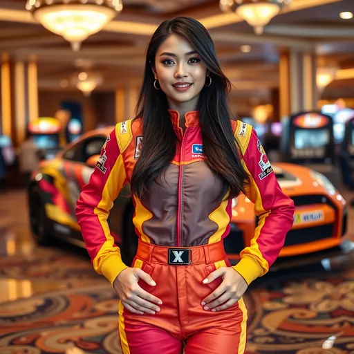 Prompt: Perfect face, perfect hands. Hi-resolution Photograph of an Asian super model dressed in a colorful mock race suit, her hands on her waist. She is standing in front of a souped up, import tuner race car in a Las Vegas casino show room.