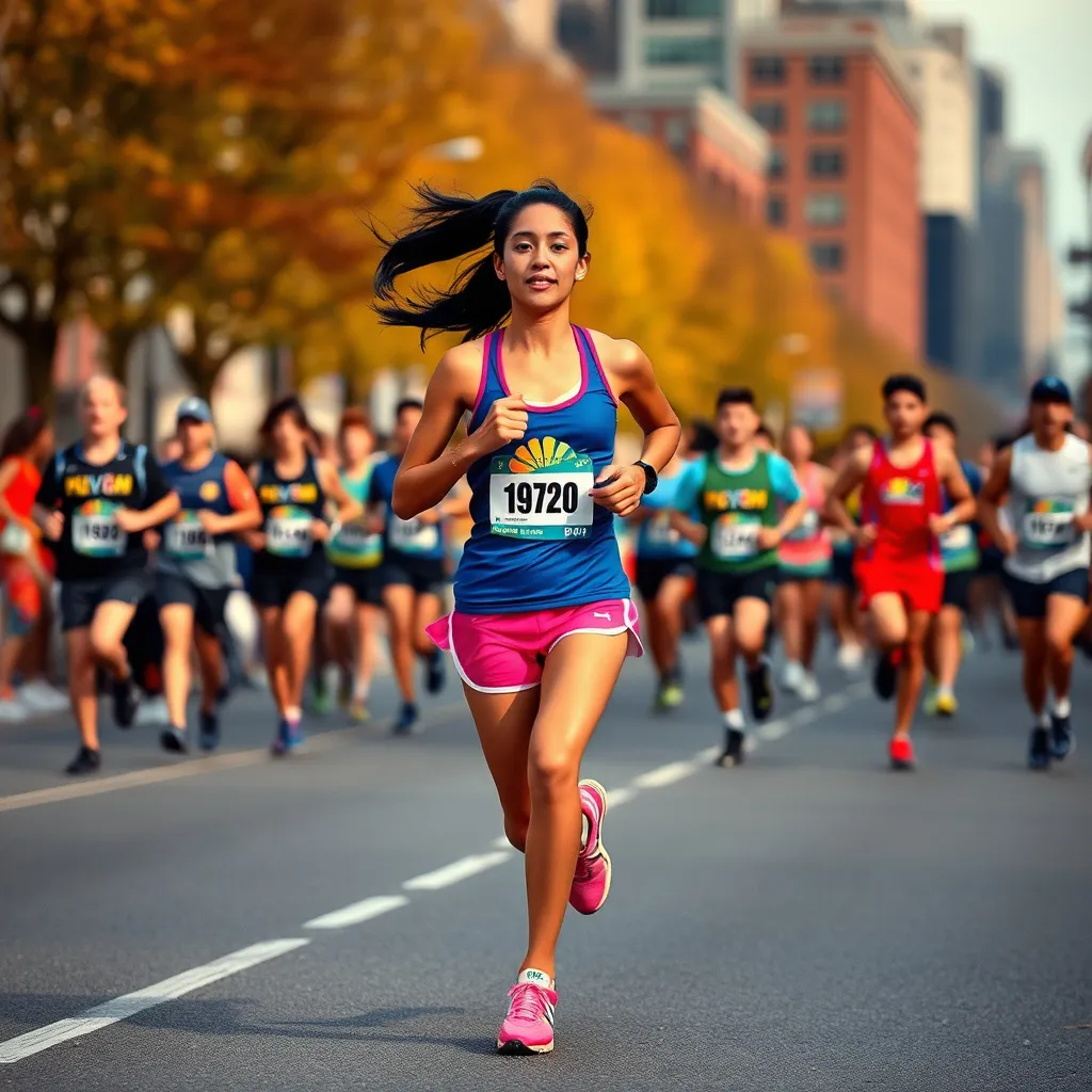 Prompt: An attractive Female runner with long black hair in a pony tail, is leading the pack of other runners in a marathon race in downtown Boston. She wears a blue tank top and pink jogging shorts with white trim and pink running sneakers. The race number on her tag is 1970. It is a beautiful autumn morning.